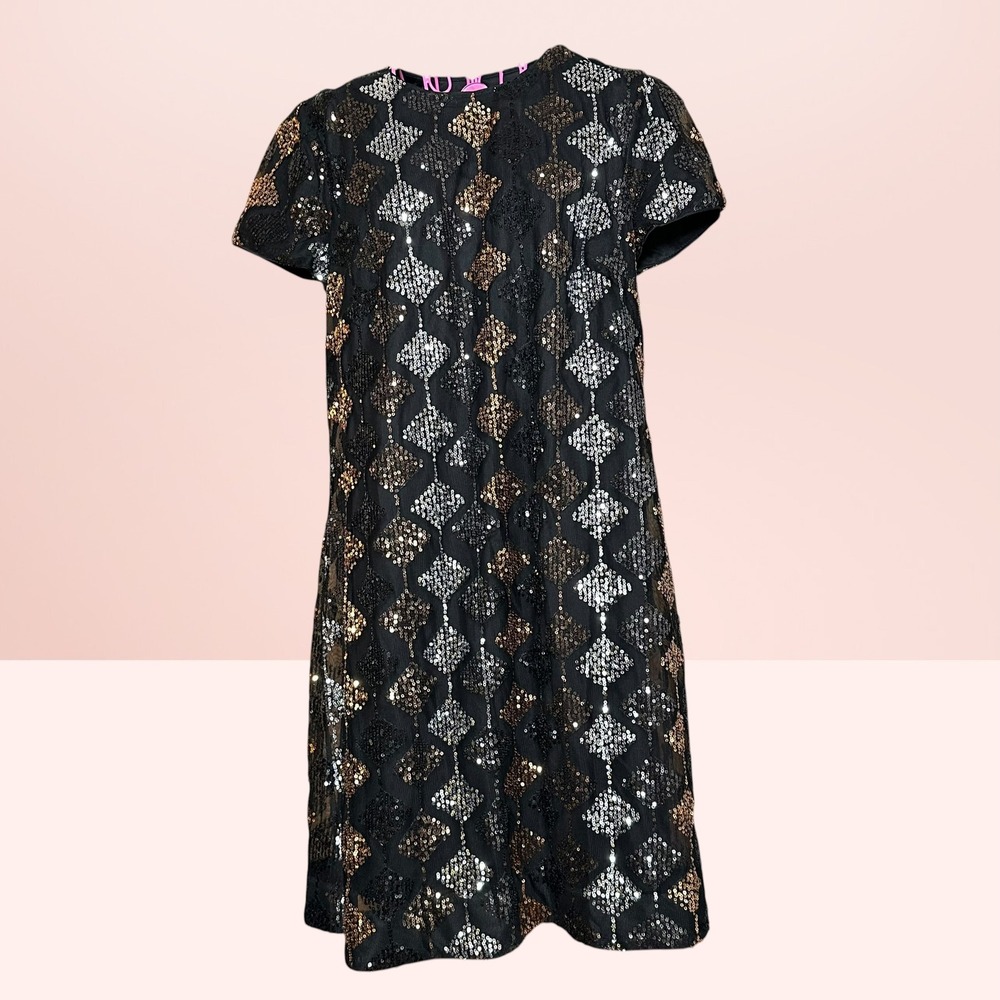 London Times Sequin Shift Dress Geometric Diamond Sparkly Glam Size 6 Black Gold